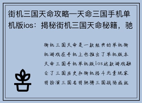 街机三国天命攻略—天命三国手机单机版ios：揭秘街机三国天命秘籍，驰骋三国战火，成就王者霸业